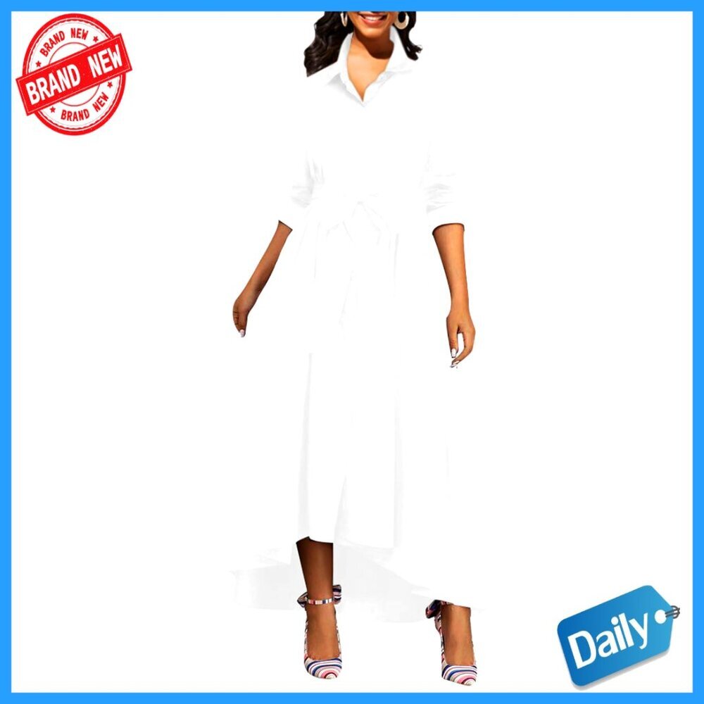 Button Down T-Shirt Dress Casual High Low V Neck Loose Long Dress with Belts